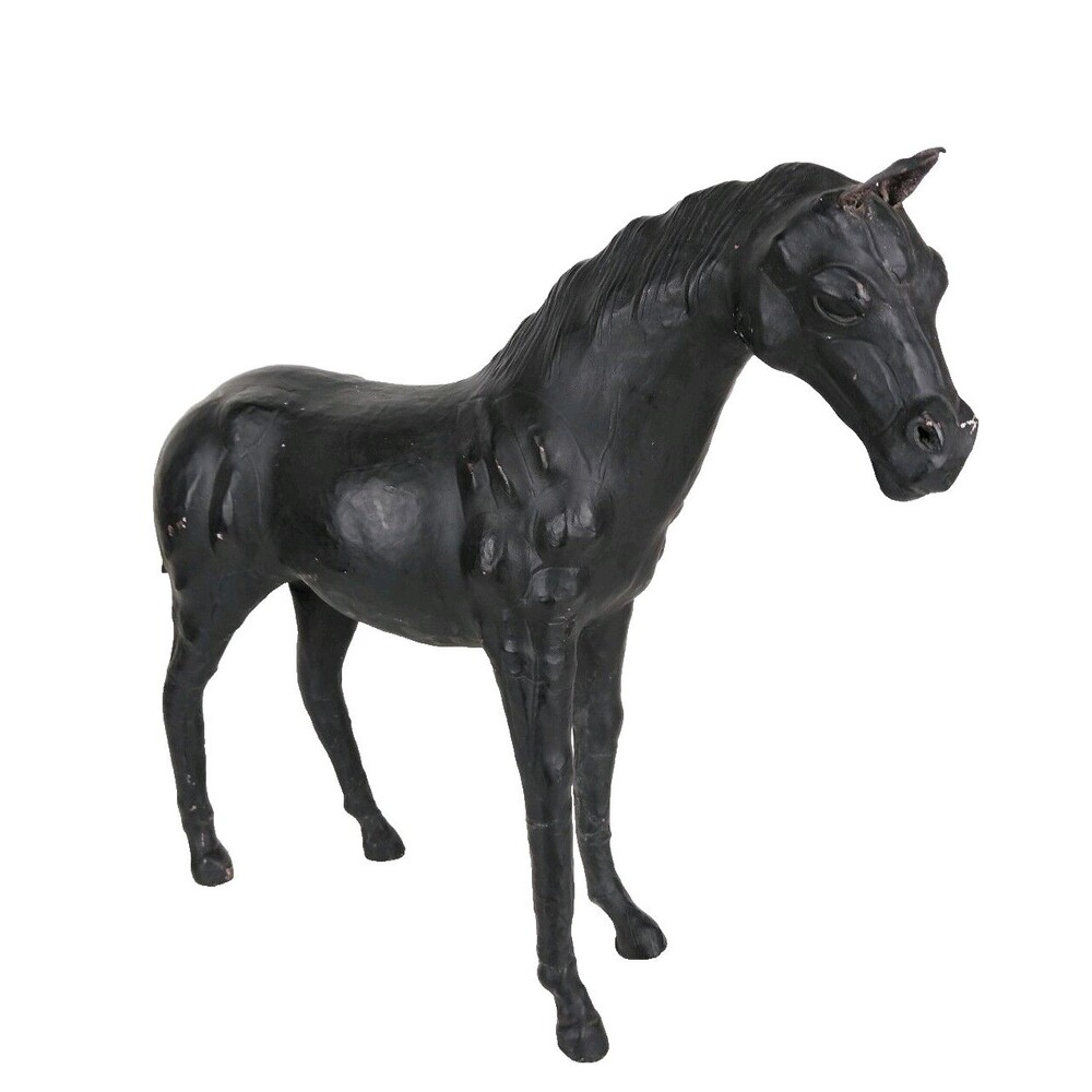 Vintage Black Leather Wrapped Stallion Horse Sculpture Western Equestrian 17.5"